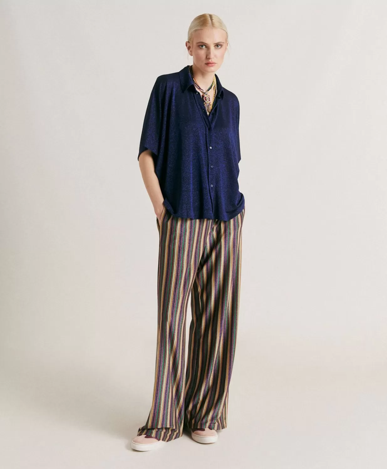 Momoni Pantalons Et Shorts>Baccarat Pantalon Raye En Jersey Lurex - Vert Multicolore