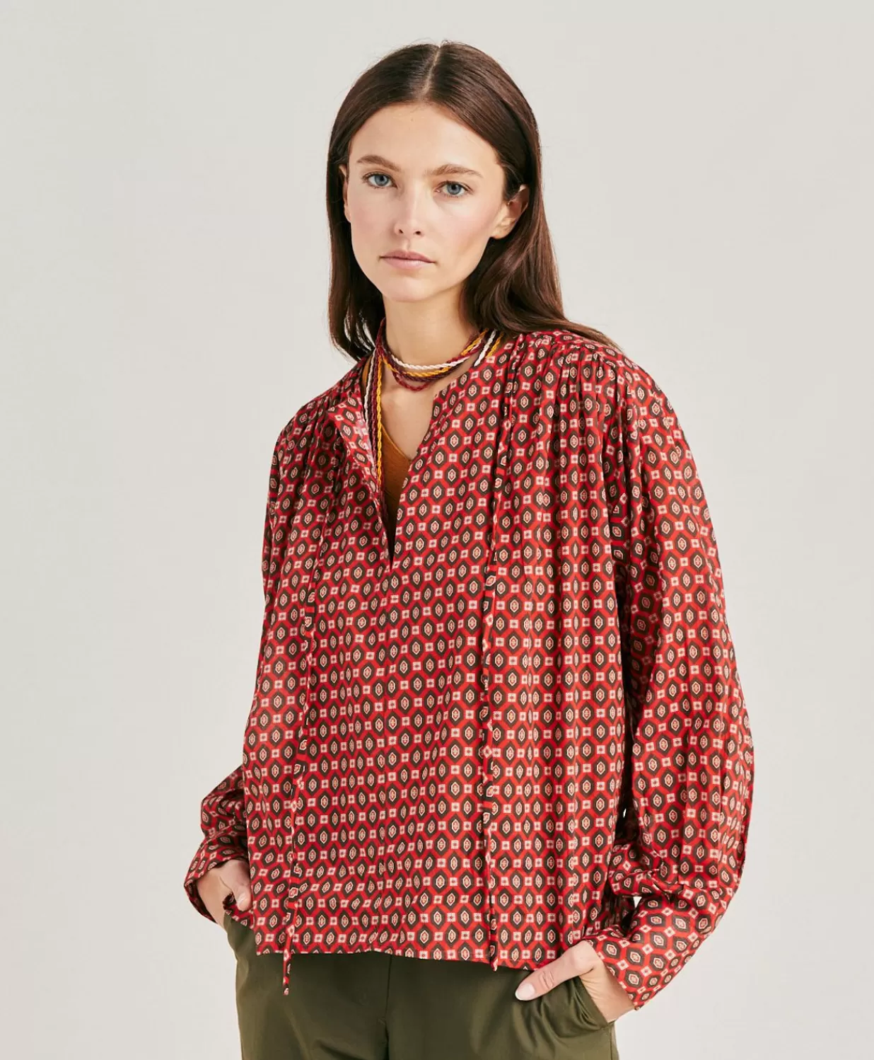 Momoni Chemisiers Et Chemises>Blouse Gypsophilia En Voile De Coton Imprime - Rouge