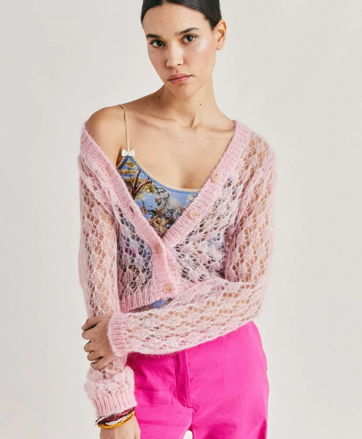 Momoni Tricots>Cardigan Altea En Mohair Doux - Rose Bebe