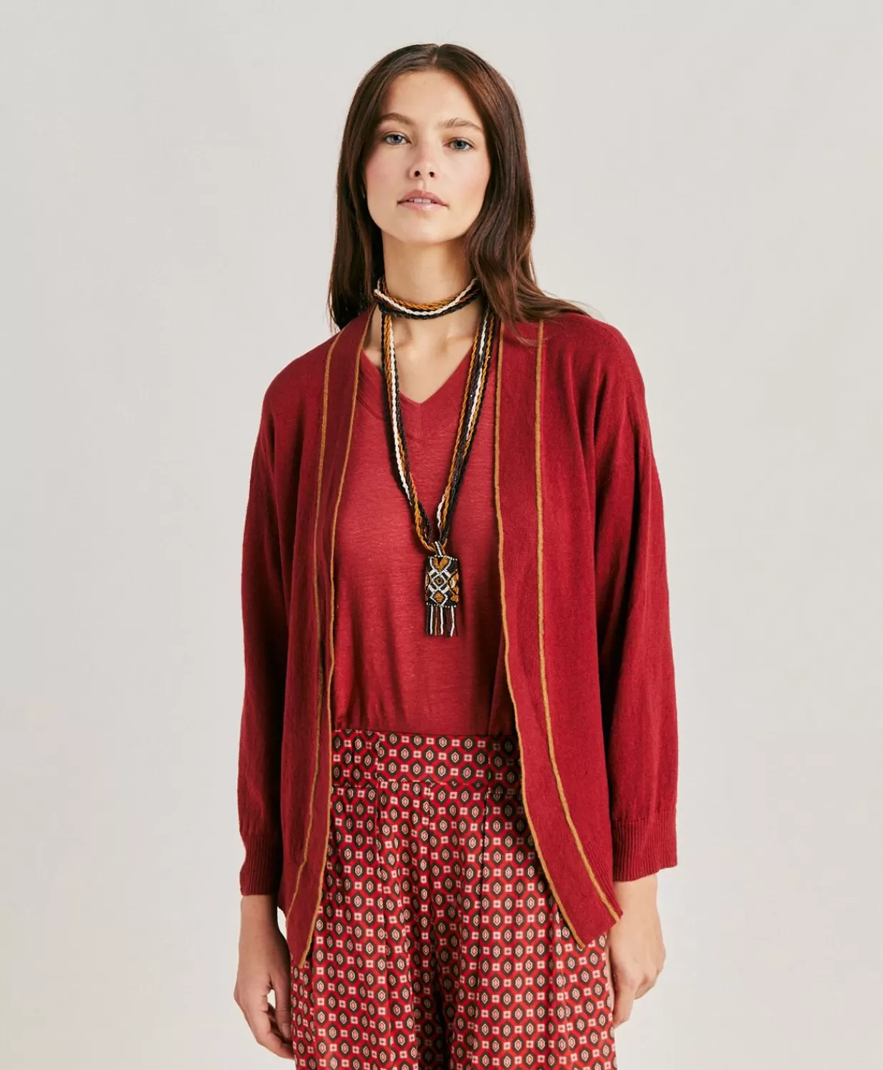 Momoni Tricots>Cardigan En Lin Stretch Sandy - Bordeaux