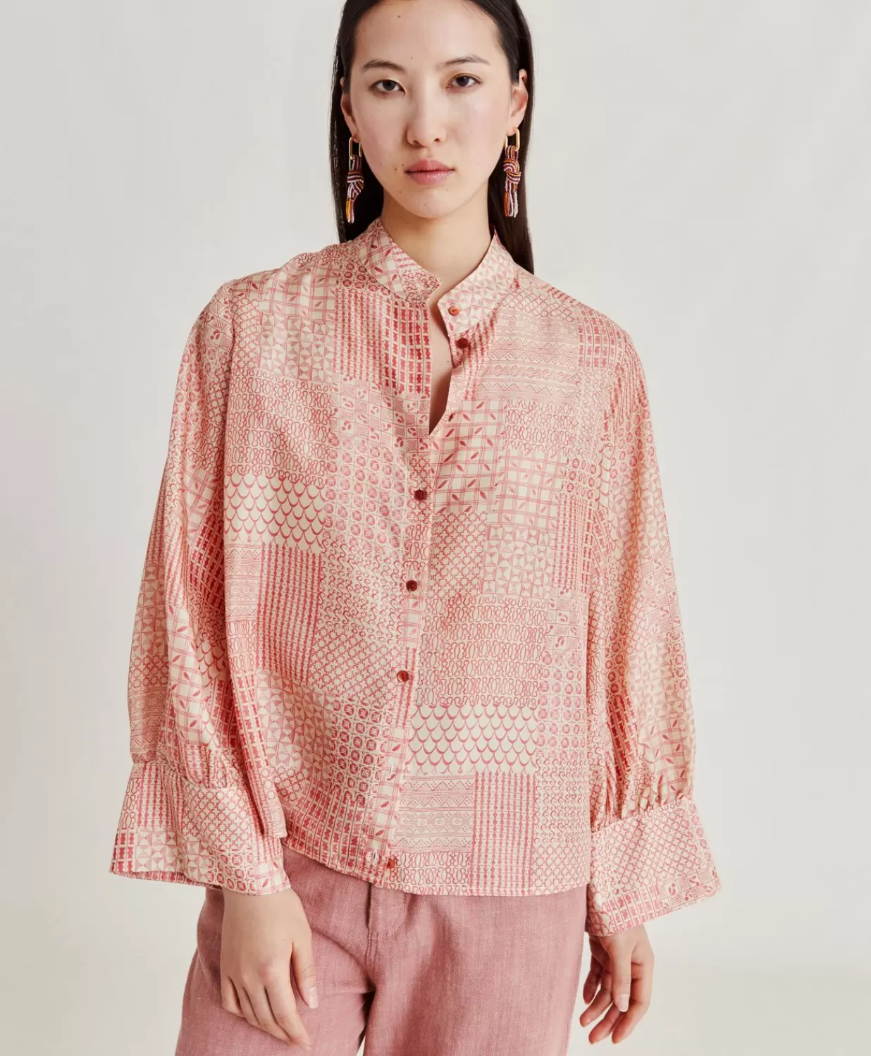 Momoni Chemisiers Et Chemises>Chemise Franklin En Haboutai De Soie - Creme/Corail