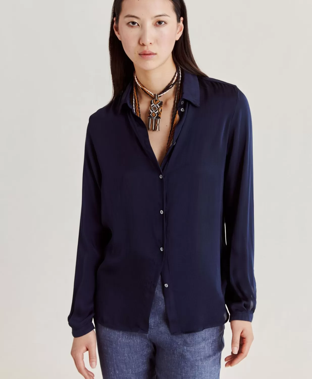 Momoni Chemisiers Et Chemises>Chemise Meudon Unie En Soie - Bleu Nuit