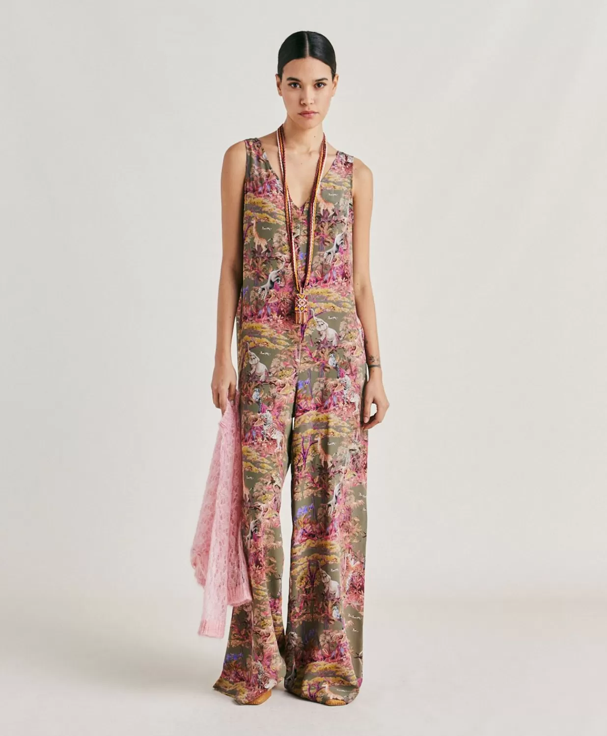 Momoni Vêtements>Combinaison Longue Matilde En Crepe De Chine - Olive Multicolore