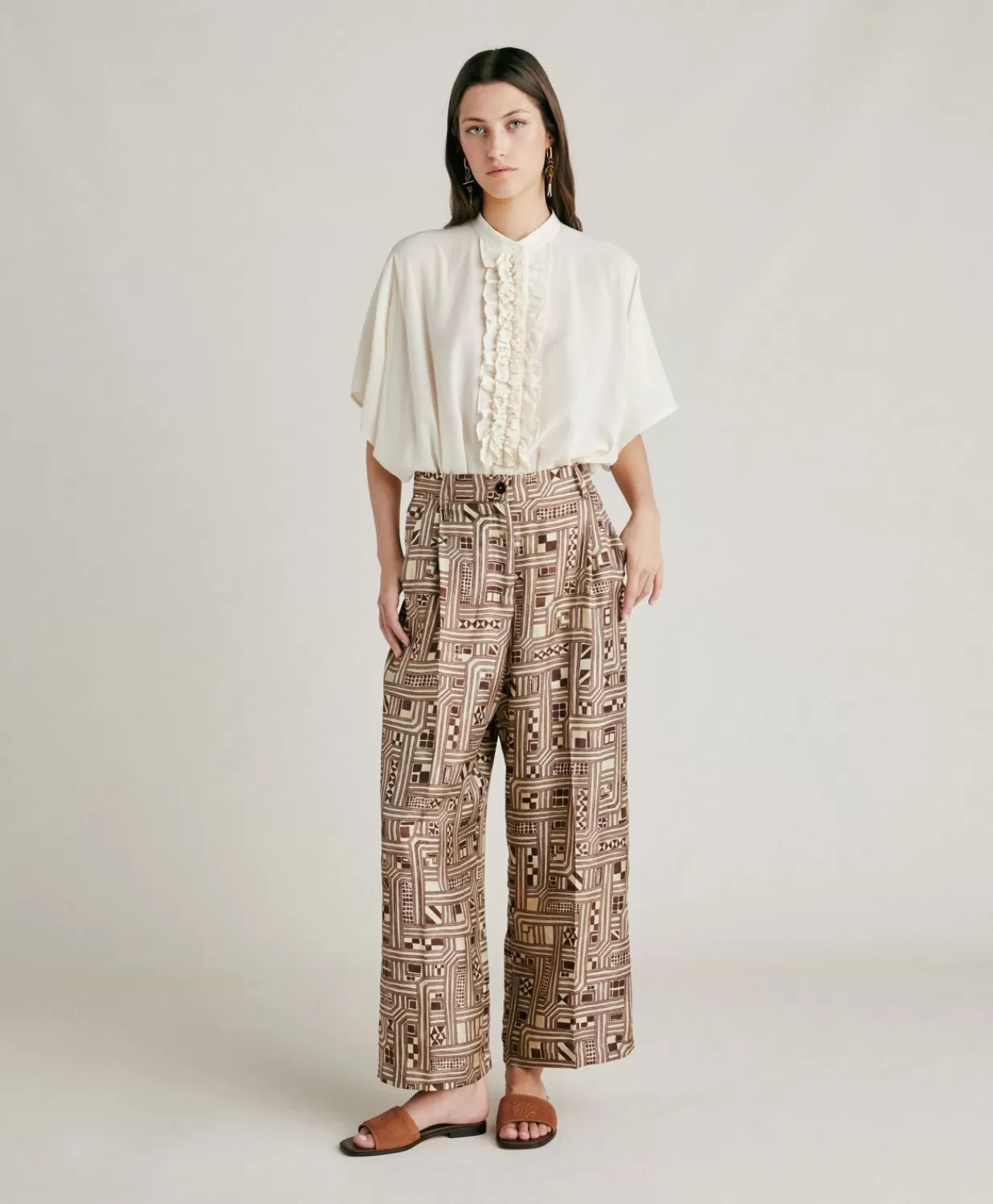 Momoni Pantalons Et Shorts>Pantalon En Serge De Soie Magnisi - Beige/Tabac