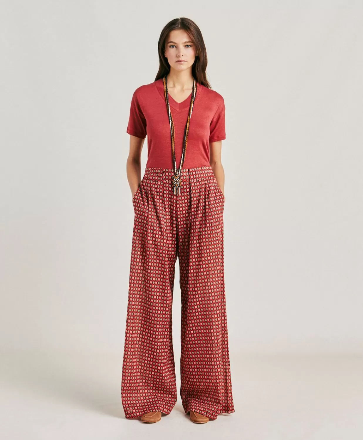 Momoni Pantalons Et Shorts>Pantalon En Voile De Coton Imprime Aspen - Rouge