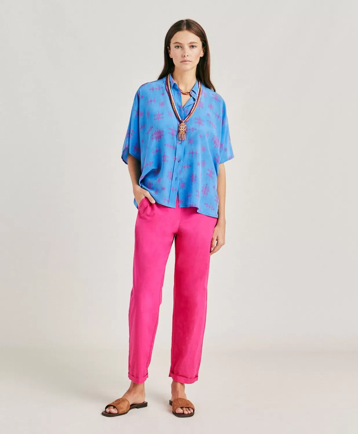 Momoni Pantalons Et Shorts>Pantalon Idaho En Popeline - Fuchsia