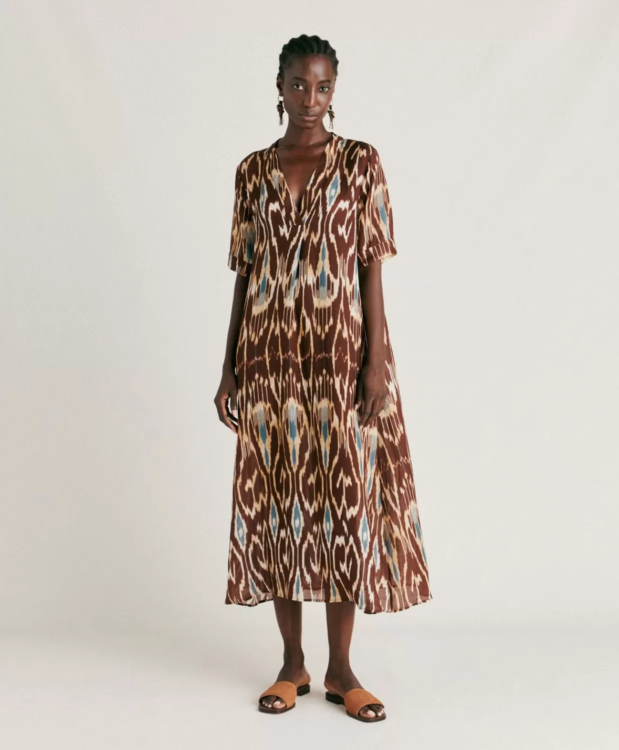 Momoni Vêtements>Robe Altamura En Lin Viscose - Cacao Multicolore