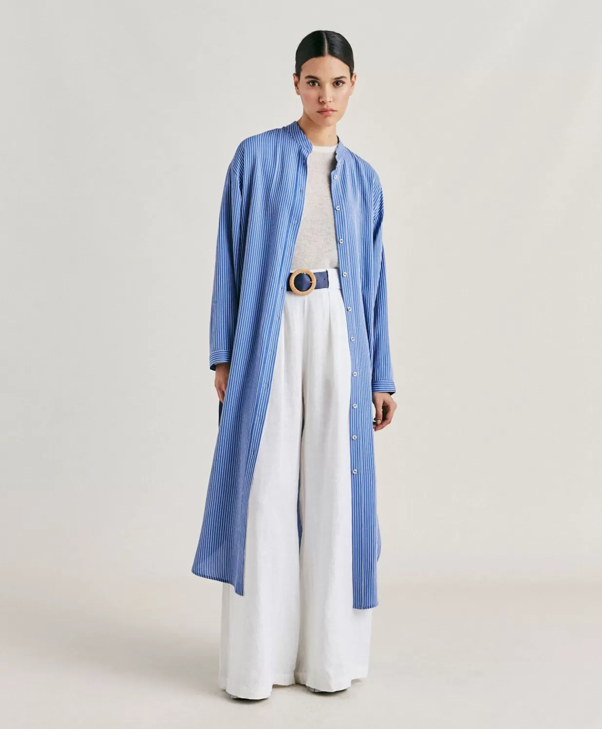 Momoni Vêtements>Robe En Viscose De Soie Rayee Zaira - Bleu Clair/Creme