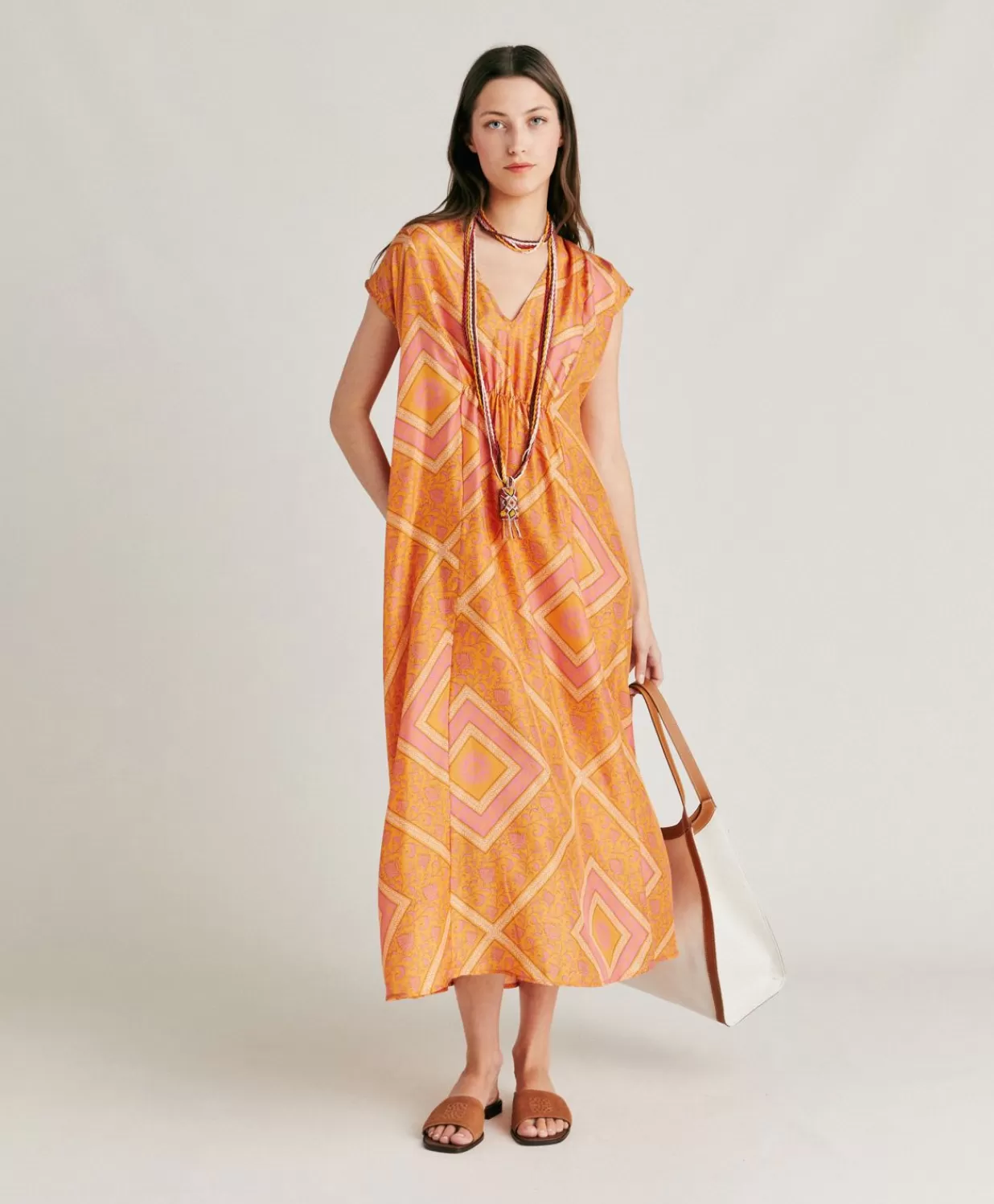 Momoni Vêtements>Robe Scilla En Haboutai De Soie - Orange/Fuchsia