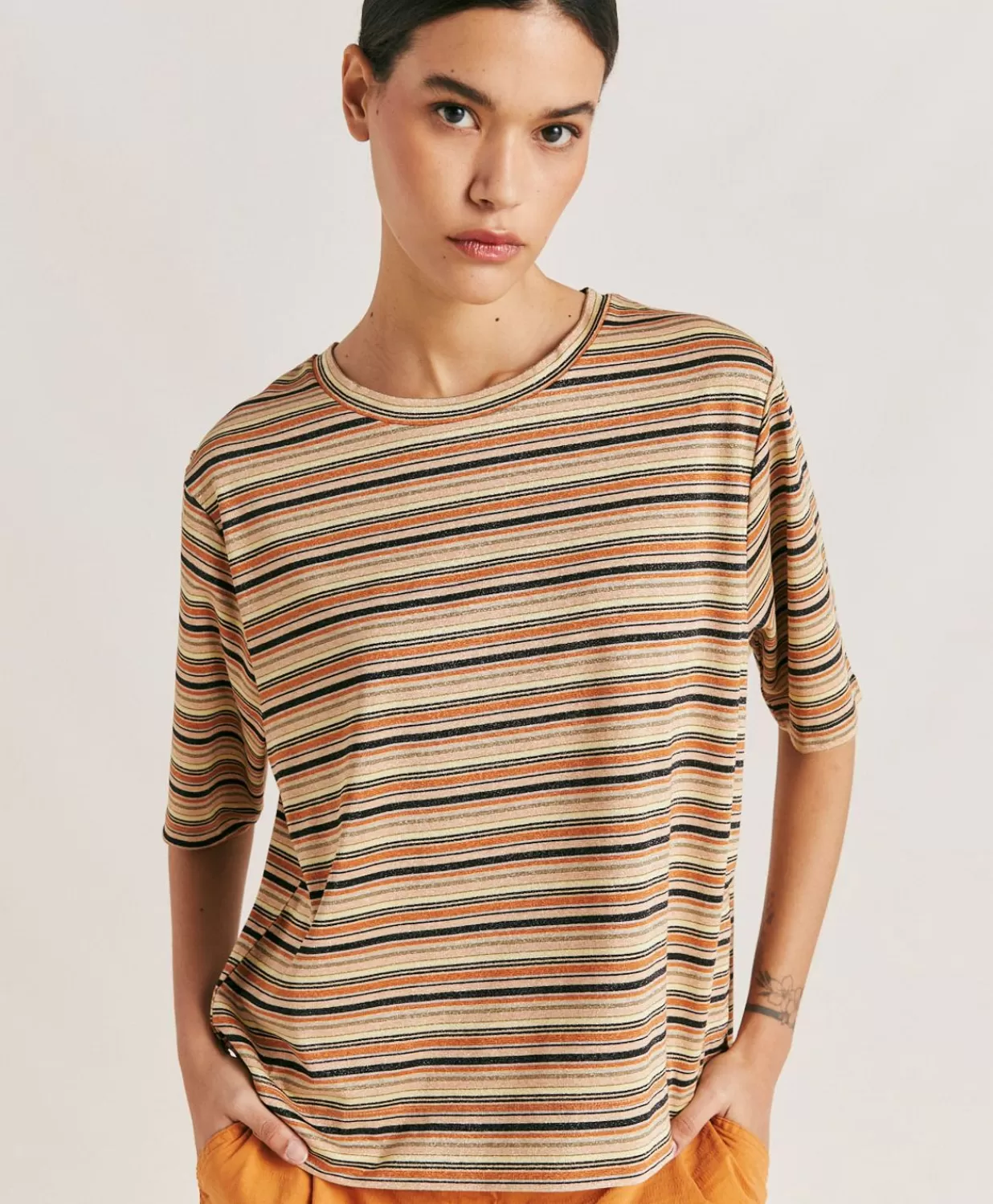 Momoni T-Shirts Et Hauts>Thirty Iora En Jersey Lurex Raye - Rouille Multicolore